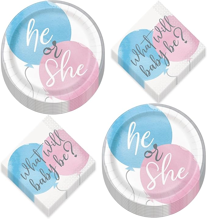 HOME & HOOPLA Baby Shower Gender Reveal Party Pink & Blue Watercolor Paper Dessert Plates and Beverage Napkins(Serves 16)