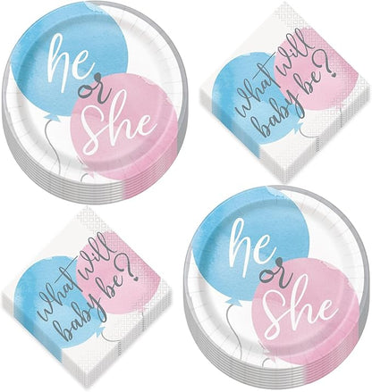 HOME & HOOPLA Baby Shower Gender Reveal Party Pink & Blue Watercolor Paper Dessert Plates and Beverage Napkins(Serves 16)