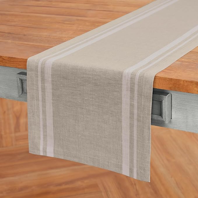 Solino Home Linen Table Runner 132 Inches Long - 100% Pure Linen White and Natural French Stripe Table Runner 14 x 132 Inch for Dining
