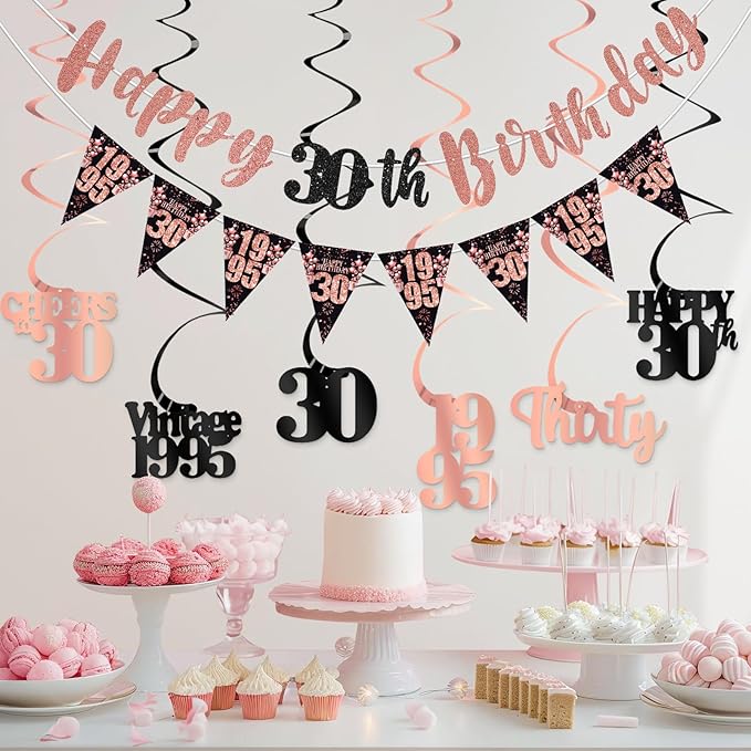 30th Birthday Decorations for Her, Black Rose Gold Happy 30th Birthday Banner Hanging Swirls Vintage 1995 Decorations Kit for Women Cheers to 30 Party Supplies