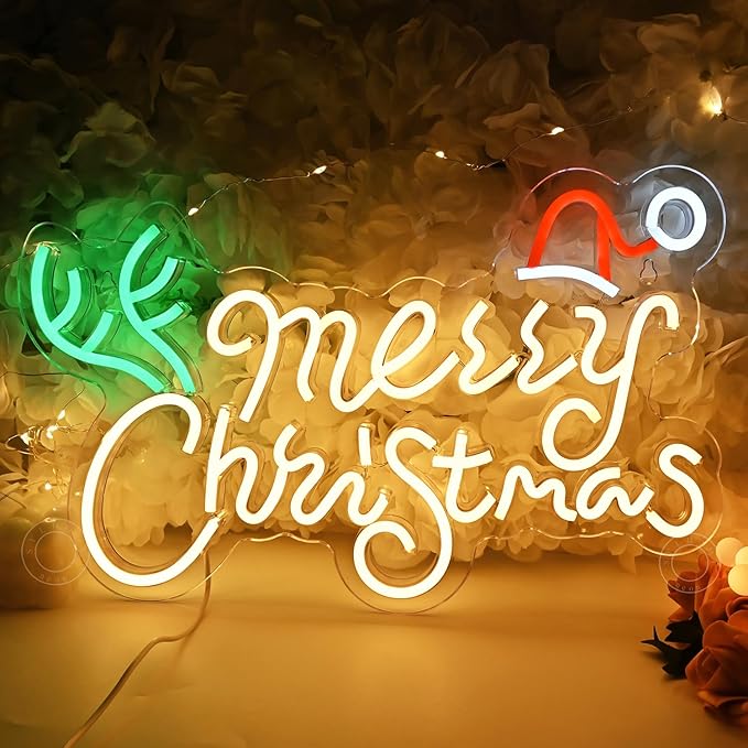 SYLHOME Merry Christmas Led Neon Light Sign Santa Hat Christmas Tree Party Home Bedroom Wall Sign Decor Backdrop Xmas Decor 15.75" X 9.8" USB Warm White