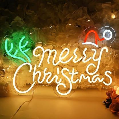 SYLHOME Merry Christmas Led Neon Light Sign Santa Hat Christmas Tree Party Home Bedroom Wall Sign Decor Backdrop Xmas Decor 15.75" X 9.8" USB Warm White