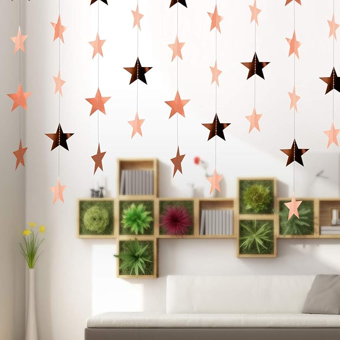 Patelai Glitter Star Garland Banner Christmas Decor 130 Feet Star Hanging Bunting Banner Twinkle Backdrop for Homecoming Classroom Wedding Birthday Halloween Party Supplies(Rose Gold)