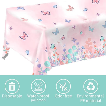 Gatherfun Butterfly Disposable Tablecloth, Plastic Table Cover for Kid’s Birthday Party, 3 PCS, 54”x 108”