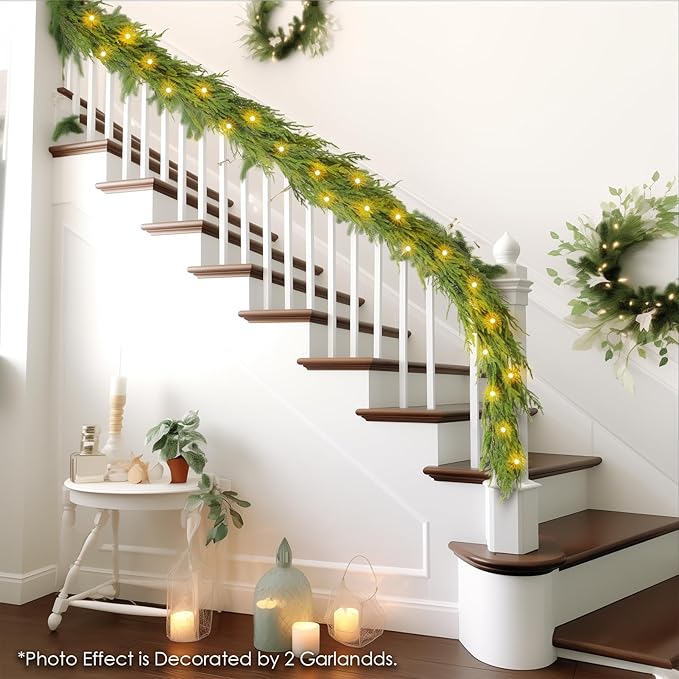 WBHome 6ft Pre-lit Real Touch Norfolk Pine Prelit Christmas Garland, Winter Greenery Garland for Christmas, Holiday Seasonal Outdoor/Indoor Home Decor