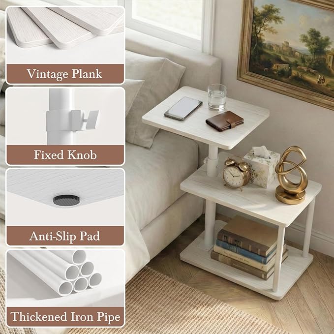 360° Swivel Side Table for Height Adjustable, C Shaped End Table for Couch with Storage, 3-Tier Night Stand with Open Shelf, Tv Tray for Small Spaces, Living Room, Bedroom, White