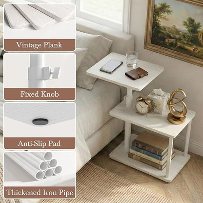 360° Swivel Side Table for Height Adjustable, C Shaped End Table for Couch with Storage, 3-Tier Night Stand with Open Shelf, Tv Tray for Small Spaces, Living Room, Bedroom, White