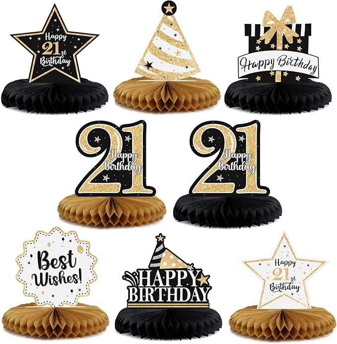 Happy 21st Birthday Decorations,21st Bday Gold Glitter Shiny Stand Honeycomb Table Centerpieces - Cheers to 21 Years Old Birthday Party Photoprop Gift Sign.