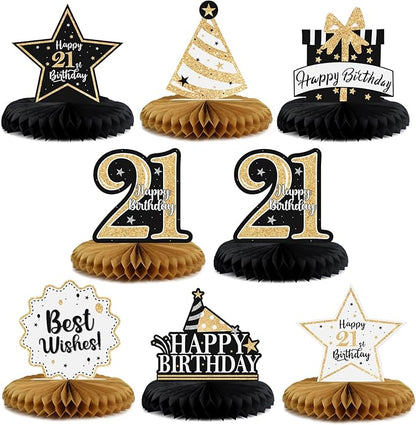 Happy 21st Birthday Decorations,21st Bday Gold Glitter Shiny Stand Honeycomb Table Centerpieces - Cheers to 21 Years Old Birthday Party Photoprop Gift Sign.