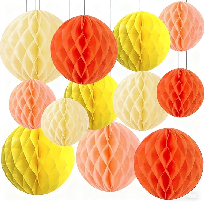 Capesaro 12pcs Boho Peach Orange Hanging Honeycomb Balls Decorations Hanging Tissue Paper Pom poms Flower for Hippie Retro Themed Baby Shower Birthday(6" 8" 10" Peach Orange Yellow Set)