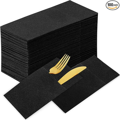 KAMMAK Black Napkins Disposable with Pocket Wedding Decorative Dinner Paper Napkins 100 Pack Linen Feel Prefolded Guest Hand Towels for Party Decoration, Cocktail Reception, Hotel (16.5 x 16.5 inch)