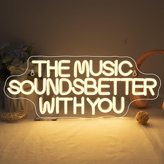 NOSUN White The Music Sounds Better with You Neon Sign Romance Neon Signs for Wall Decor Led Aesthetic Room Decor for Teen Girls Bedroom Salon Party Light