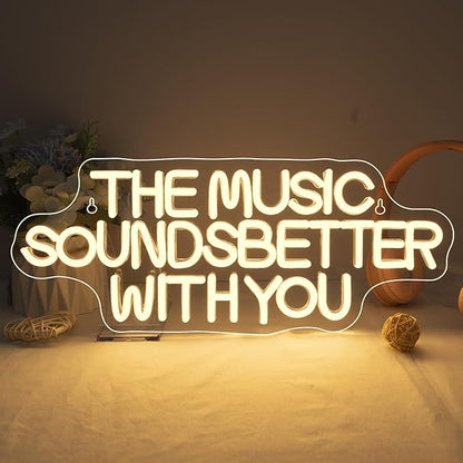 NOSUN White The Music Sounds Better with You Neon Sign Romance Neon Signs for Wall Decor Led Aesthetic Room Decor for Teen Girls Bedroom Salon Party Light