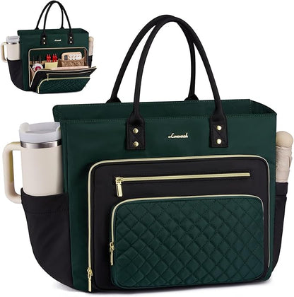 LOVEVOOK Laptop Tote Bag for Women, Work Bags Computer Laptop Bag, Teacher Tote Bag, Professional Briefcase Business Large Purses Handbag Gifts, Dark Green-Black, 17 Inch