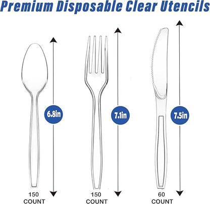 360 Count Heavy Duty Plastic Silverware, Disposable Clear Plastic Utensils Set, 150 Forks, 150 Spoons, 60 Knives, BPA-Free, Heat Resistant; Cutlery Set for Party