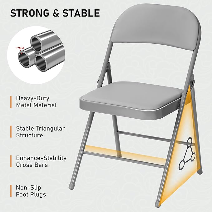 SEALAMB 10 Pack Grey Folding Chairs with Padded Seats & Cushion, Durable Metal Foldable Chairs for Wedding Party, Commercial Chairs for Office School Church Events, 330lb Capacity (Grey-PU, 10 Pack)