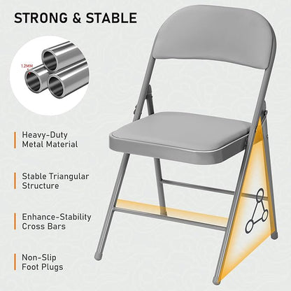 SEALAMB 4 Pack Grey Folding Chairs with Padded Seats & Cushion, Durable Metal Foldable Chairs for Wedding Party, Commercial Chairs for Office School Church Events, 330lb Capacity (Grey-PU, 4 Pack)