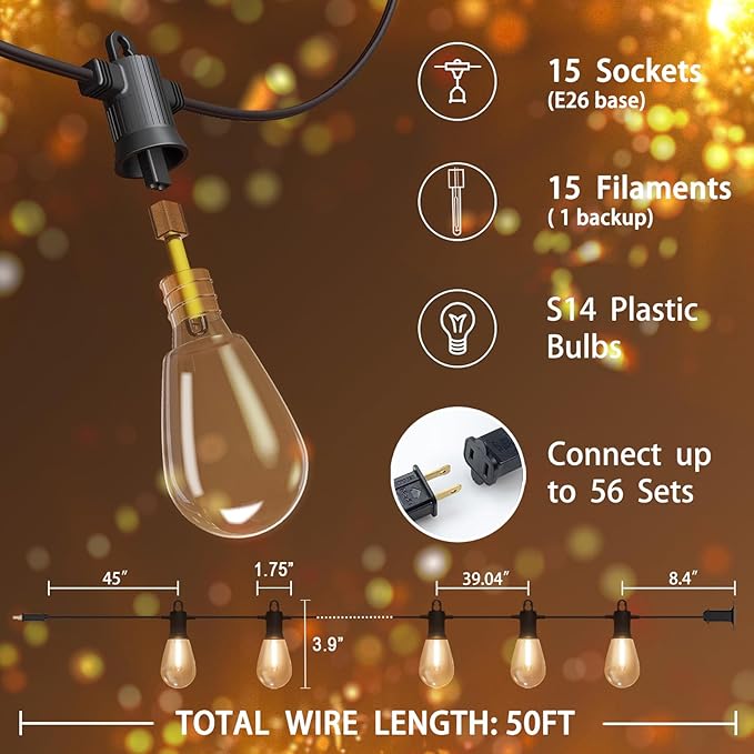 Outdoor String LED Patio Lights - 50FT, IP65 Waterproof Outside Patio Lights with 16 (15+1) S14 LED Bulbs for Bistros Backyard Gazebo Porch Party, 2700K Warm White, 131 Strands Connectable