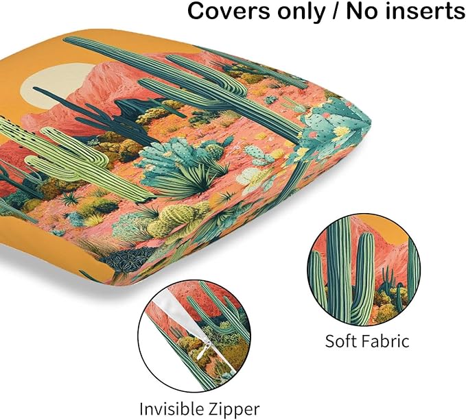Cactus Throw Pillow Cover 18x18 Set of 2, Cushion Case for Couch, Sofa, Bed and Living Room, Zipper Closure Pillow Cases, Desert Home Decor for All Season
