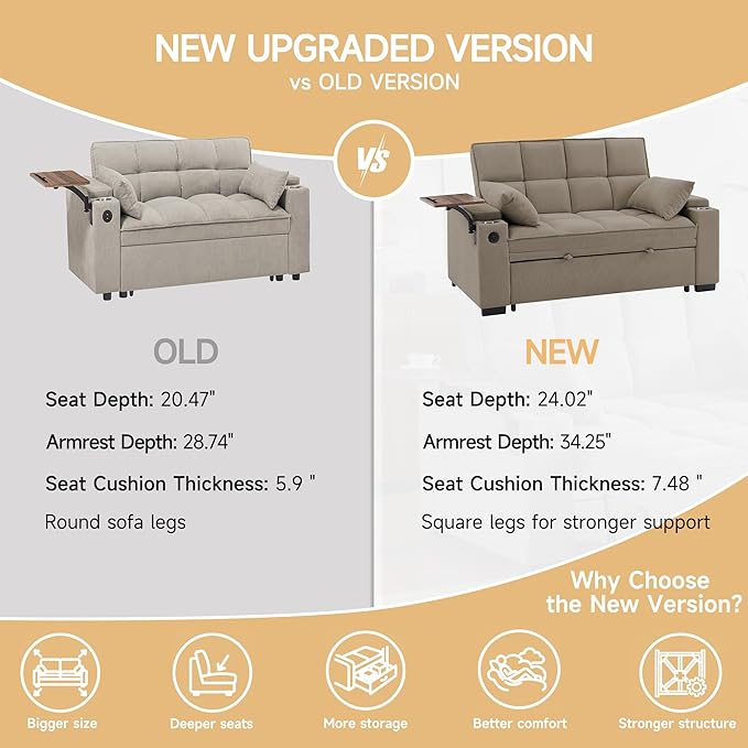 66" Multi-Functional Pull-Out Sofa Bed with Hidden Side Table, Storage Armrests, Built-in Charging Port, Spring Mattress, Solid Wood Frame – Ideal for Small Spaces, Easy Assembly