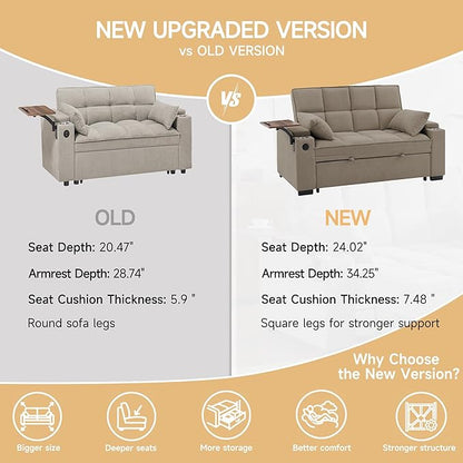 66" Multi-Functional Pull-Out Sofa Bed with Hidden Side Table, Storage Armrests, Built-in Charging Port, Spring Mattress, Solid Wood Frame – Ideal for Small Spaces, Easy Assembly
