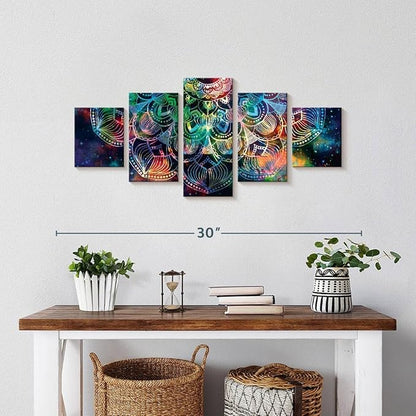 ElephantStock - Celestial Mandala Wall Art - Horizontal Multi Panel Canvas - 5 Piece Living Room Wall Decor - Digital Art Elements Multi Piece Wall Art - Turquoise And Blue Decor - 29" x 12"