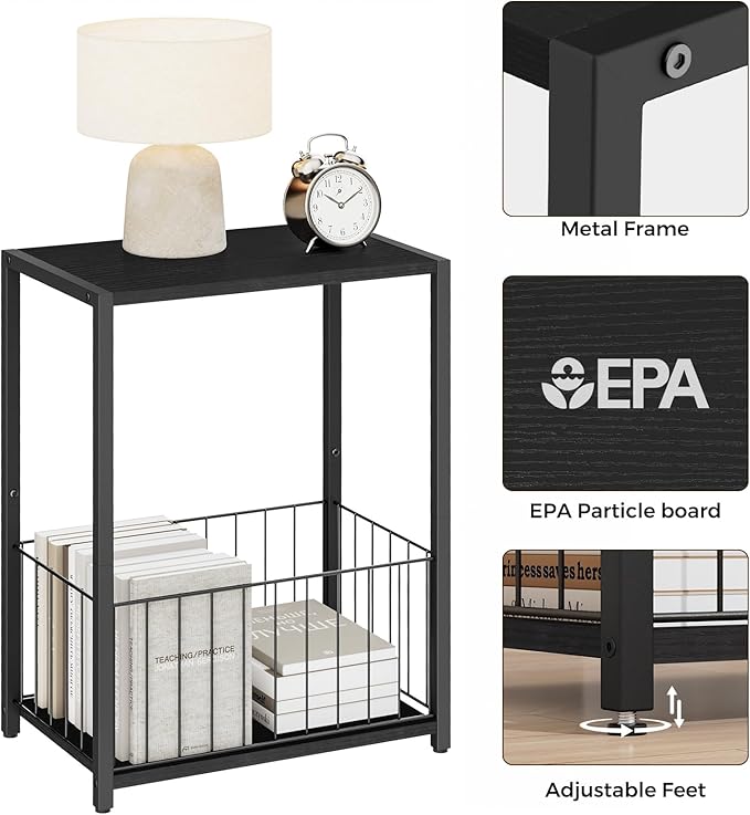Side Table with Magazine Holder, Record Player Stand with LP Shelf, End Table for Living Room, Bedroom, or Bedside, Easy Assembly, 11" D x 16.9" W x 23.6" H, Black