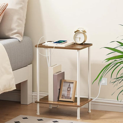 HOOBRO Side Table with Charging Station, Set of 2 End Table with USB Port and Outlets, Nightstand with 2-Layer Storage Shelves for Small Spaces, Living Room, Bedroom, Walnut and White WH09UBZP201