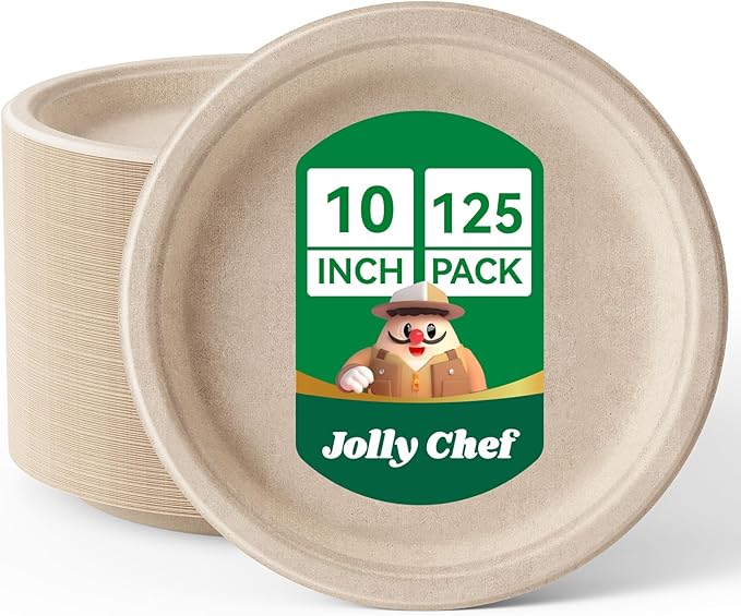 JOLLY CHEF Compostable Heavy Duty Plates 𝟭𝟬 𝗜𝗻𝗰𝗵 [𝟭𝟮𝟱 𝗣𝗮𝗰𝗸] Eco-Friendly Disposable Paper Plates Made of Bagasse Biodegradable Bulk for Party Dinner Sugarcane Lunch Christmas (Natural)