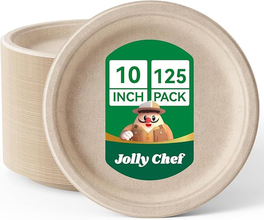 JOLLY CHEF Compostable Heavy Duty Plates 𝟭𝟬 𝗜𝗻𝗰𝗵 [𝟭𝟮𝟱 𝗣𝗮𝗰𝗸] Eco-Friendly Disposable Paper Plates Made of Bagasse Biodegradable Bulk for Party Dinner Sugarcane Lunch Christmas (Natural)