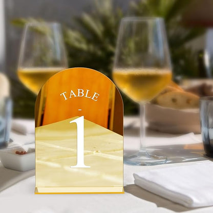 JOYIT Arch Wedding Table Numbers 1-30 with Stands – 5" X 7" Acrylic Mirrored Gold Table Number Holders, Perfect for Wedding Receptions, Parties, Anniversaries, and Events