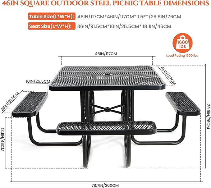 47'' Heavy-Duty Metal Picnic Tables with Umbrella Hole, Outdoor Steel Heavy Duty Commercial Grade Black Table, Outdoor Bench Set for Lawn, Patio, Park, Yard, Garden, Porch (Set A, Square)