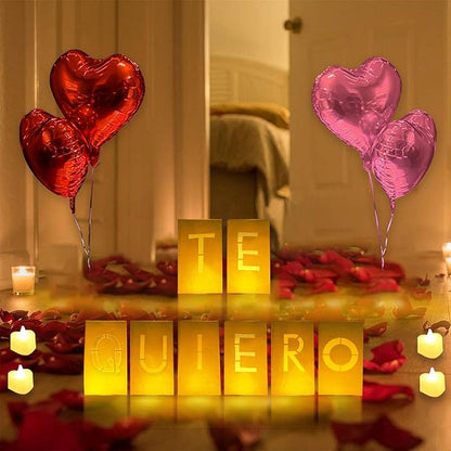 Te Quiero Lighted Letters Sign 17pcs Luminary Paper Bags 2200pcs Red Pink Artificial Rose Petals 48pcs Flameless LED Candle Tealight 15pcs Heart Balloons Romantic Night Valentine's Day