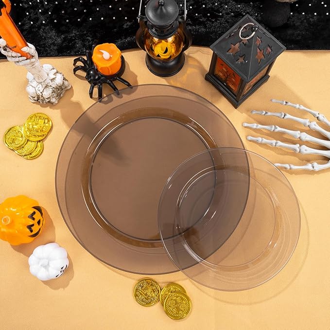 I00000 200 Pcs Clear Black Plastic Plates, Black Disposable Party Halloween Plates Include 100 Dinner Plate 10’’ and 100 Dessert Plate 7’’ Perfect for Wedding, Party & Halloween