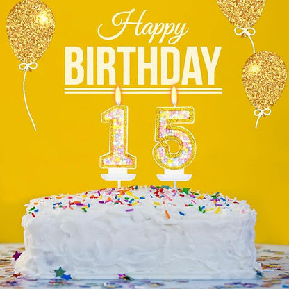 15th Birthday Candle for Cake, Colorful Macaron Numeral Candles for Girls/Boys, Birthday Party Cake Decorations, Golden Cake Topper for Birthday Party Supplies (Number 15)