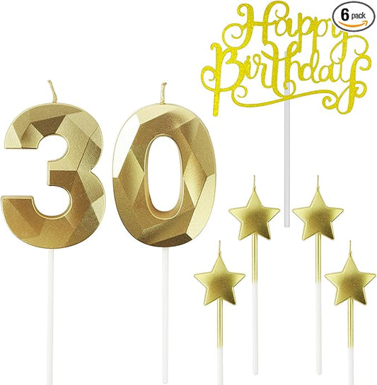 Golden Number 30 Birthday Candles and Star Birthday Candles, 2.76 inch, 3D Diamond Shaped, Suitable for Birthday Parties and Anniversary Cake Decorations