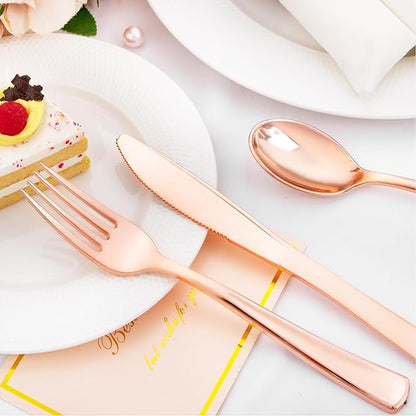 Liacere 100Pack Rose Gold Plastic Silverware - Pre Rolled Napkins with Rose Gold Cutlery - Wrapped Silverware Set Disposable100 Forks Knives Spoons Wrapped Utensils for Wedding＆Valentine's Day