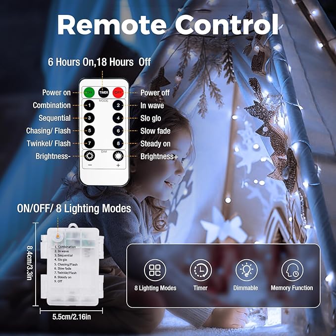 6 Pack 33FT 100LED Fairy String Lights Battery Operated with Remote and Timer,IP65 Waterproof Dimmable Copper Wire 8 Modes LED Twinkle Lighting Indoor Outdoor for Bedroom Christmas Decor-Cool White