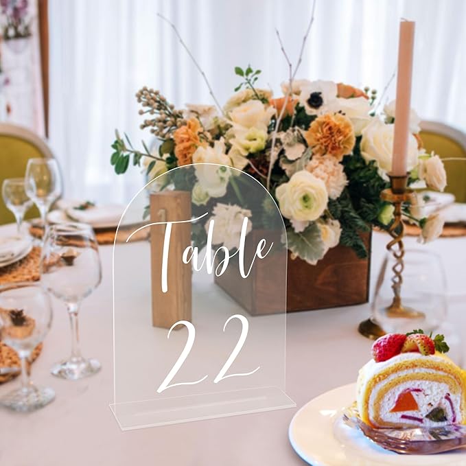 JOYIT Arch Wedding Table Numbers 1-50 with Stands – 5" X 7" Acrylic Table Signs with Clear Background White Text, Perfect Acrylic Numbers for Wedding Receptions, Parties, Anniversaries and Events
