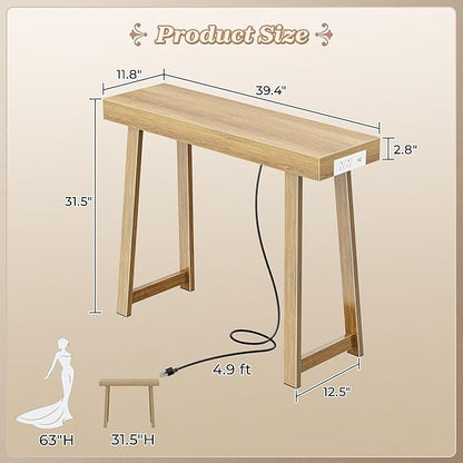 Huuger Entryway Console Table with Charging Station, USB-C Port, 39.4 Inch Sofa Table with Metal Legs, Entry Hallway Table with Thicker Desktop, Modern Behind Couch Table, Natural