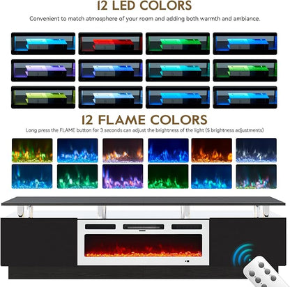 80" TV Stand for Living Room, Modern Entertainment Center & Media Console, Fits TVs up to 80", Storage Cabinet with Shelves, 36" Electric Fireplace with LED Flame(Black+White)