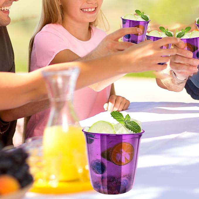 50pcs 12oz Disposable Stemless Glasses,PET Disposable Drinking Cups,Cold Party Clear Plastic Wine Glasses for Parties Birthday,Wedding,Meeting,Christmas Party Supplies. (Purple)