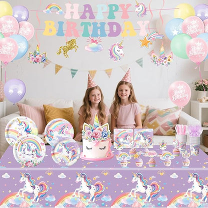 Unicorn Birthday Decorations Includes Plates, Napkins, Cups, Cutlery, Hanging Swirls, Banner, Cake & Cupcake Toppers, Balloons, Tablecloths for Rainbow Girls Birthday Party Decorations, Serve 20