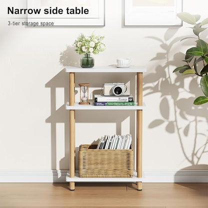 Apicizon 3 Tier End Table, Narrow Side Table with Storage Shelf, Bedroom, Living Room, Entryway, Farmhouse, White and Natural