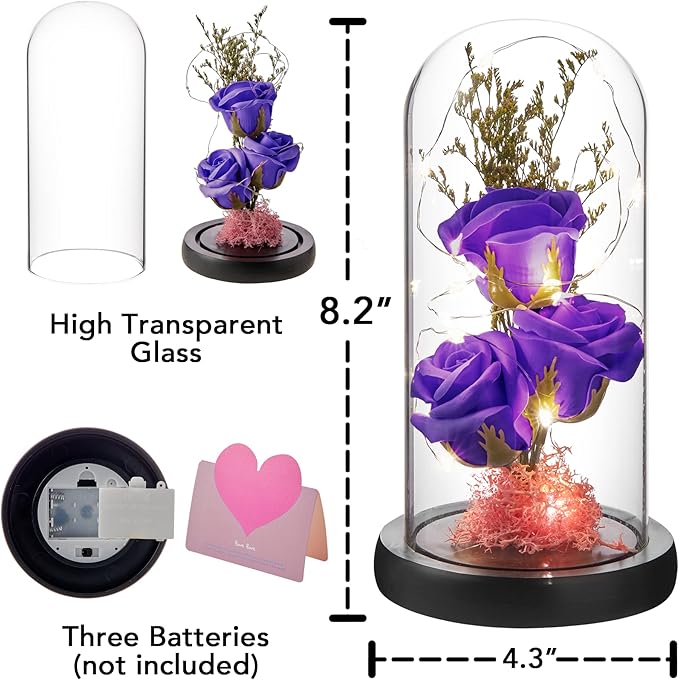 Preserved Flower Gift, Light Up Rose in Glass Dome, Eternal Forever Rose Flower Gifts for Her, Grandma, Mother’s Day, Valentine’s Day, Anniversary, Birthday, Christmas Decorations, Violet