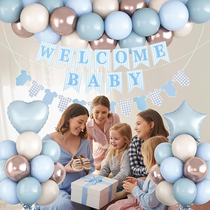 Dusty Blue Baby Shower Decorations Oh Welcome Baby Boys Balloon Set with Star Heart Foil Balloons Bunting Banner Bodysuit Garland Boho Pastel Blue Gold White Sand Gender Reveal Party Decor for Girls