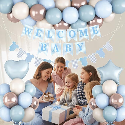 Dusty Blue Baby Shower Decorations Oh Welcome Baby Boys Balloon Set with Star Heart Foil Balloons Bunting Banner Bodysuit Garland Boho Pastel Blue Gold White Sand Gender Reveal Party Decor for Girls
