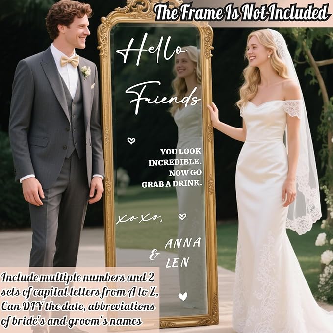 Personalized Wedding Welcome Sign Decals for Mirror Selfie Mirror Vinyl Decal for Wedding Party Entry DIY Bride and Groom Names Stickers Hello Friends Sign Decal for Seating Chart Board Backdrop Decor