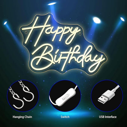 Neon Sign, Happy Birthday Neon Signs for Wall Decor Warm White LED Neon Light Up Signs Home Decor for Birthay Business Club Party Bars Shop Decoration USB Operated
