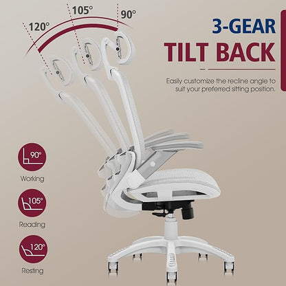 GABRYLLY Ergonomic Office Chair, High Back Home Desk Chair with Headrest, Flip-Up Arms, 90-120° Tilt Lock and Wide Cushion, 300LBS Mesh Chairs for Man Woman, White Task Chair(Grey,GY01WG)